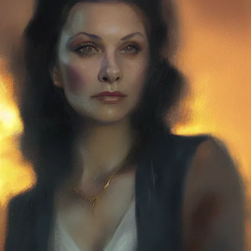 Prompt: closeup portrait of a young vivian leigh, sad face, chiaroscuro, city background, golden hour, dramatic lighting, complementary contrast, high detail, painted by greg rutkowski, painted by igor kieryluk, trending on artstation