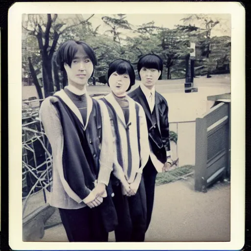 Prompt: Polaroid photograph of stylish Japanese college students, taken in 1966