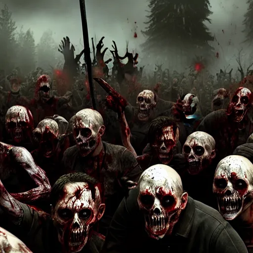 Prompt: zombie horde apocalypse, cinematic, cinematography, still, incredible detail, photorealistic, epic, horror, scary, render, living dead