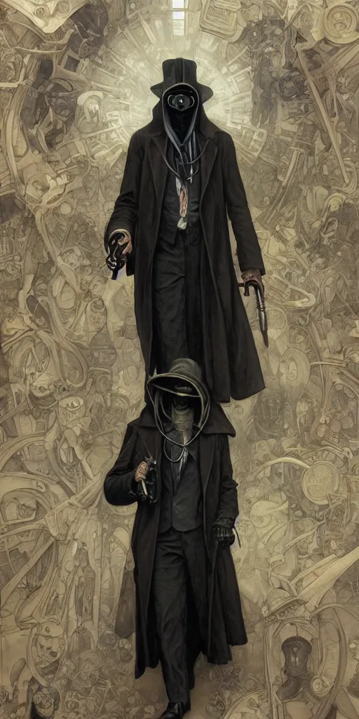 Image similar to portrait of man in black trench coat, wearing a steam punk plague doctor mask and a black top hat, highly detailed, artstation, concept art, by krenz cushart and donato giancola and william adolph bouguereau and alphonse mucha,