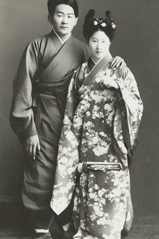 Image similar to anthropomorphic asian black bear in traditional Japanese mens clothing, posing with Japanese girl in kimono, 1900s photo