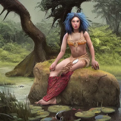 Prompt: Harpy, mythical hybrid, wearing Inka clothes, sitting at a pond, mountainous area, trees in the background, oil painting, by Fernanda Suarez and Greg Rutkowski