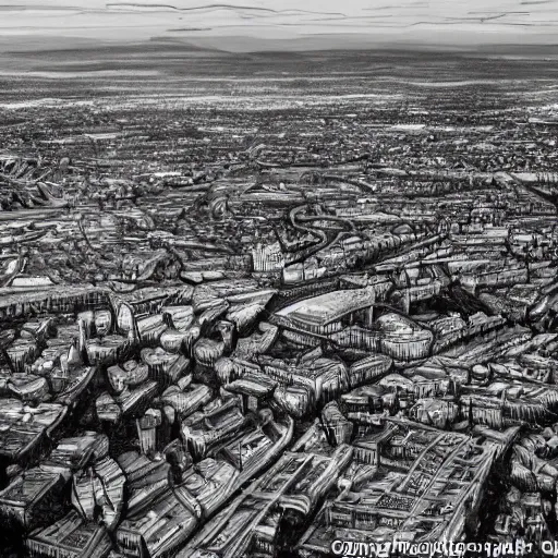 Image similar to a black and white sketch of manchester from above