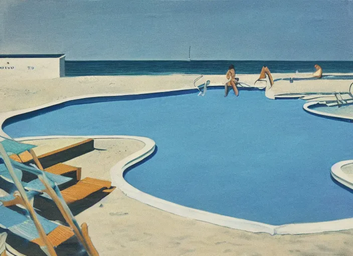 Image similar to pool at the beach. no people. nostalgic. 6 0 s styled art