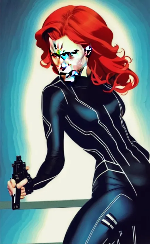 Image similar to rafeal albuquerque comic art, joshua middleton comic art, artgerm, cinematics lighting, night time, pretty scarlett johansson black widow, big smirk, symmetrical face, symmetrical eyes, long red hair, full symmetrical body, flying in the air, jumping off rooftop