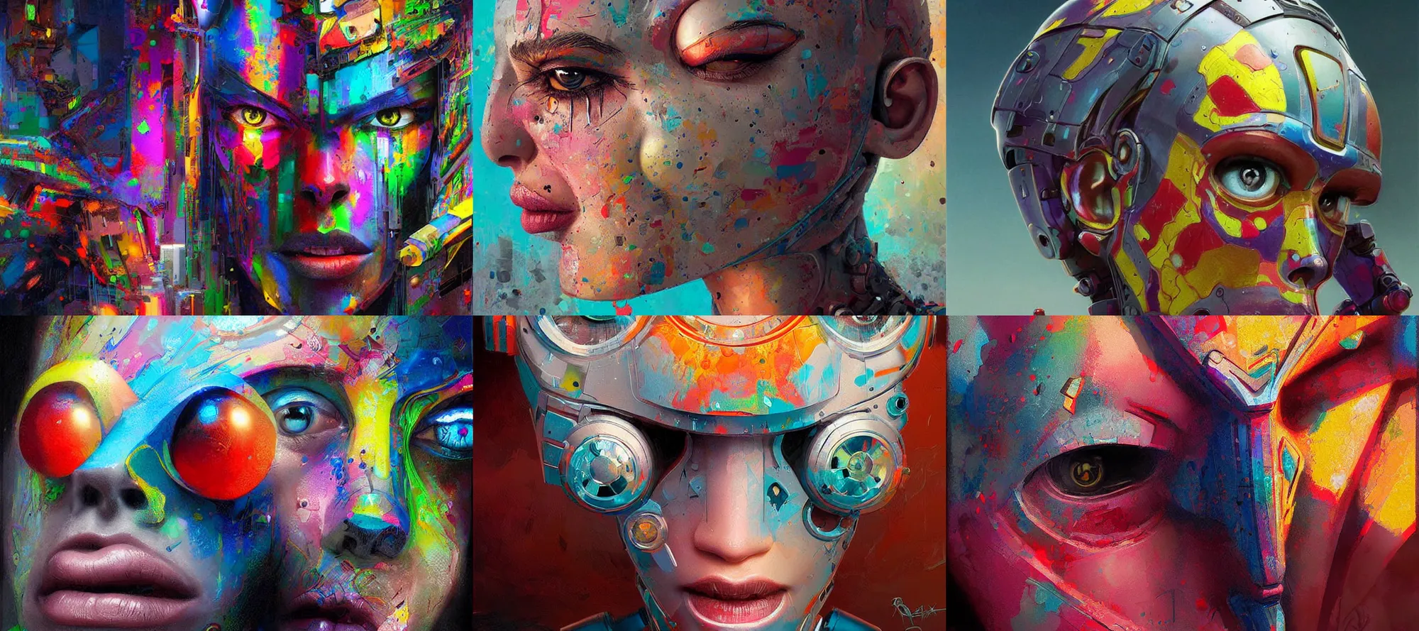 Prompt: a colorful robot head, highly detailed, digital painting, smooth, sharp, beautiful face, expressive eyes, art by greg rutkowski and alex gray