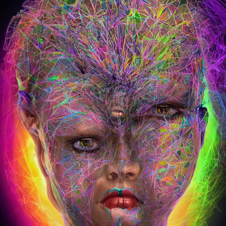 Image similar to An epic photo illustration of female symmetrical portrait by Michael Sydney Moore, Alex Grey, Irakli Nadar, hyper detailed, one face in center, multicolored, 50mm, award winning photography