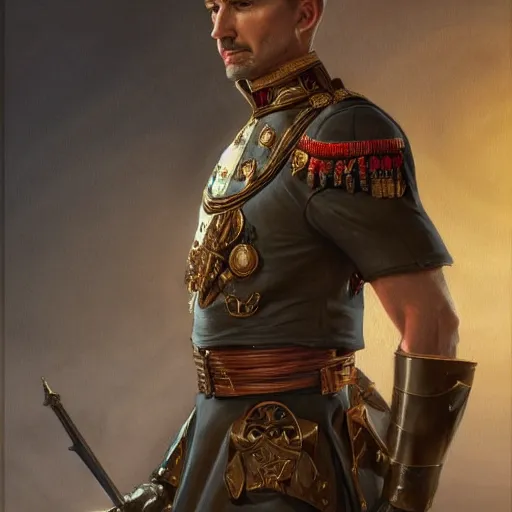 Image similar to portrait of stoic king john oliver, full body, military uniform, muscular, fantasy, intricate, elegant, beautiful, highly detailed, centered, dark, smokey, digital painting, artstation, concept art, smooth, sharp focus, illustration, art by artgerm and greg rutkowski and alphonse mucha