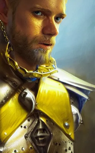 Image similar to highly detailed concept art of a rugged young knight with blonde hair and blue eyes and a short beard wearing a blue shirt over chain mail and steel pauldrons and a yellow cape and leather boots, concept art by Greg Rutkowski, realistic, masterpiece, ArtStation