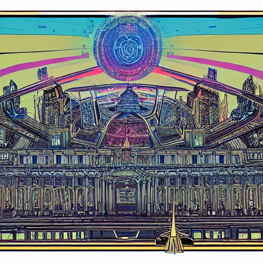 Prompt: the palace of AI, style blend of Burning Man temple, Neo-Andean architecture, cyberpunk, and the Vatican, depicted in a mixed style of Peter Ching, Möbius, neoclassical paintings, and Shepard Fairey, Extremely fine ink lineart, chromatic aberration, twilight