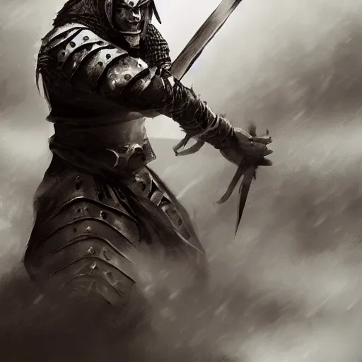 Prompt: A photo of a human medieval warrior, fantasy art, clean digital art, clean background, D&D art style, dark feeling, chill feeling