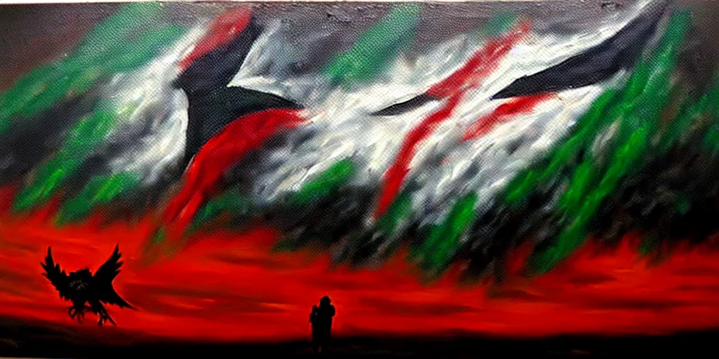 Image similar to dramatic epic dark oil painting of freedom for palestine, red green white black