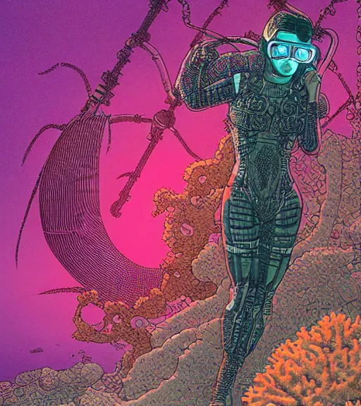 Prompt: a cyberpunk diver Polynesian woman swims through a dark alien coral reef, techwear, Industrial Scifi, detailed illustration, character portrait, by Martin Grip and Moebius