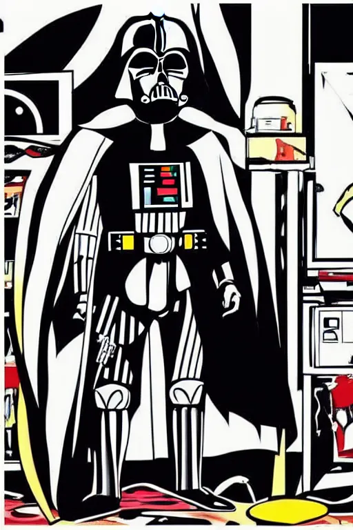 Image similar to an illustration of darth vader watching tv in the style of lichtenstein