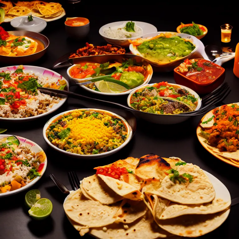 Prompt: close - up focused dslr photograph of an mexican dinner, 8 k, high detail, volumetric lighting, hyperrealism, aesthetically pleasing, studio lighting, trending