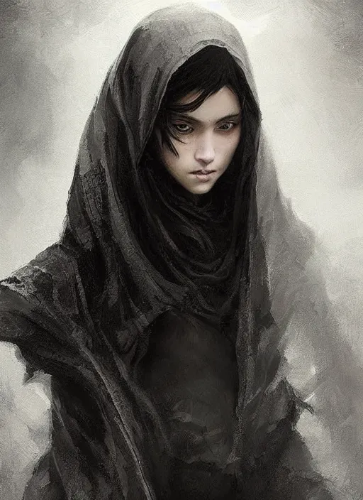 Image similar to a teenage girl with very short black hair and a huge cloak made of grey and black strips. mist swirls around her. beautiful highly detailed face. beautiful painting by artgerm and greg rutkowski and raymond swanland