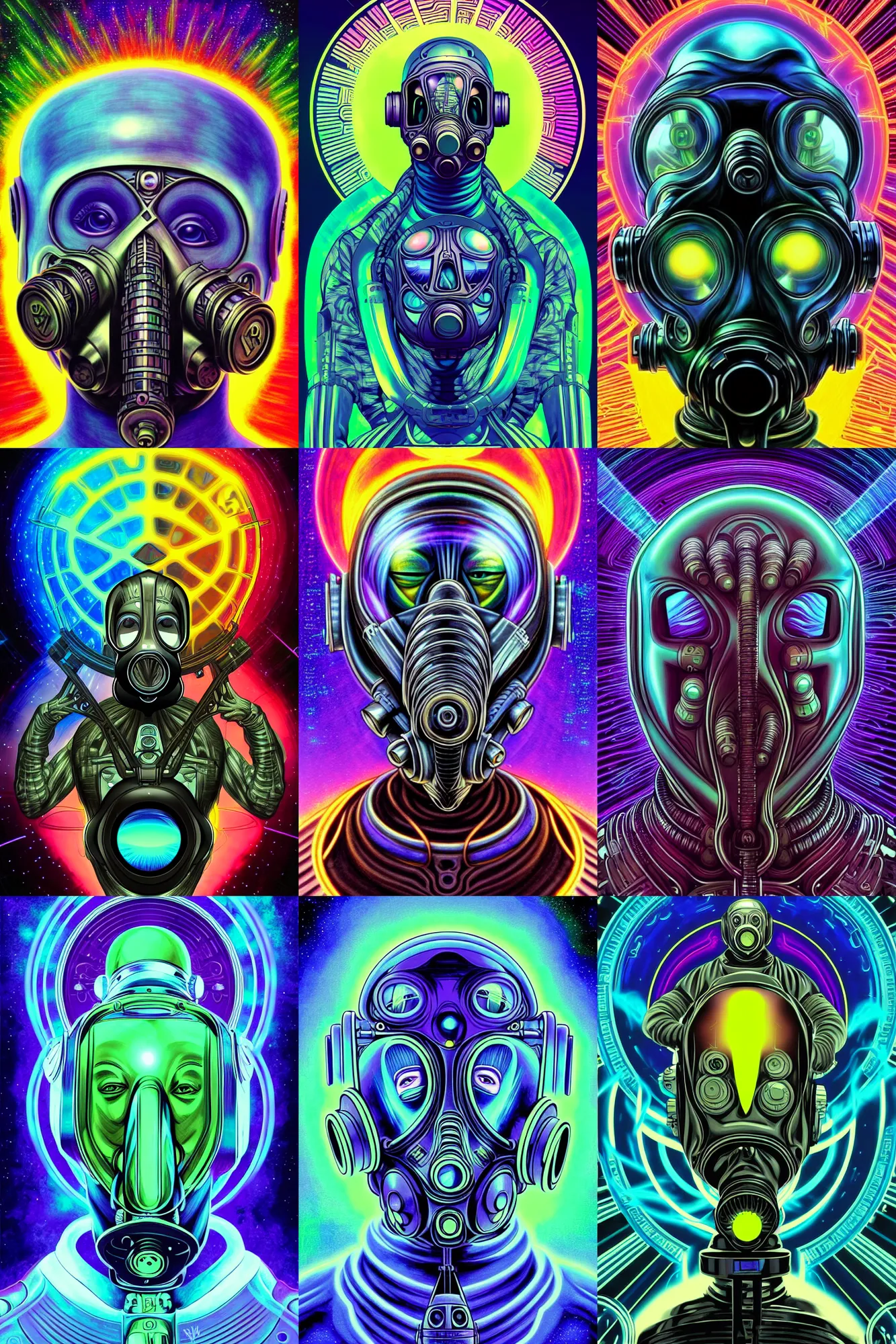 Prompt: vin diesel deity aliens extraterrestrial wearing a beautiful cybernetic gas mask in the style of alex grey and beeple and william blake in the style of adorable dark fantasy, fantasy, art deco, magic realism, award winning art, muted colors, cmyk color scheme