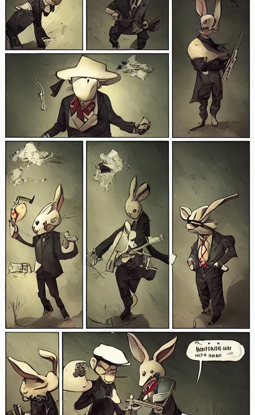 Image similar to rabbit hitman, comic strip style, dynamic lighting, fantasy concept art, trending on art station, stunning visuals, creative, cinematic, ultra detailed