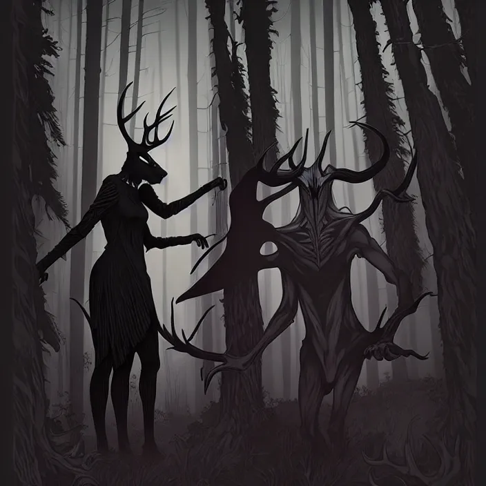 Image similar to style artgerm, joshua middleton, rafael albuquerque : : scary wendigo with antlers and skull face mixed with werewolf : : [ [ beautiful witch wearing a black dress, symmetrical face, on the right side ] ] : : in the forest, detailed, dark and foggy, cinematic lighting