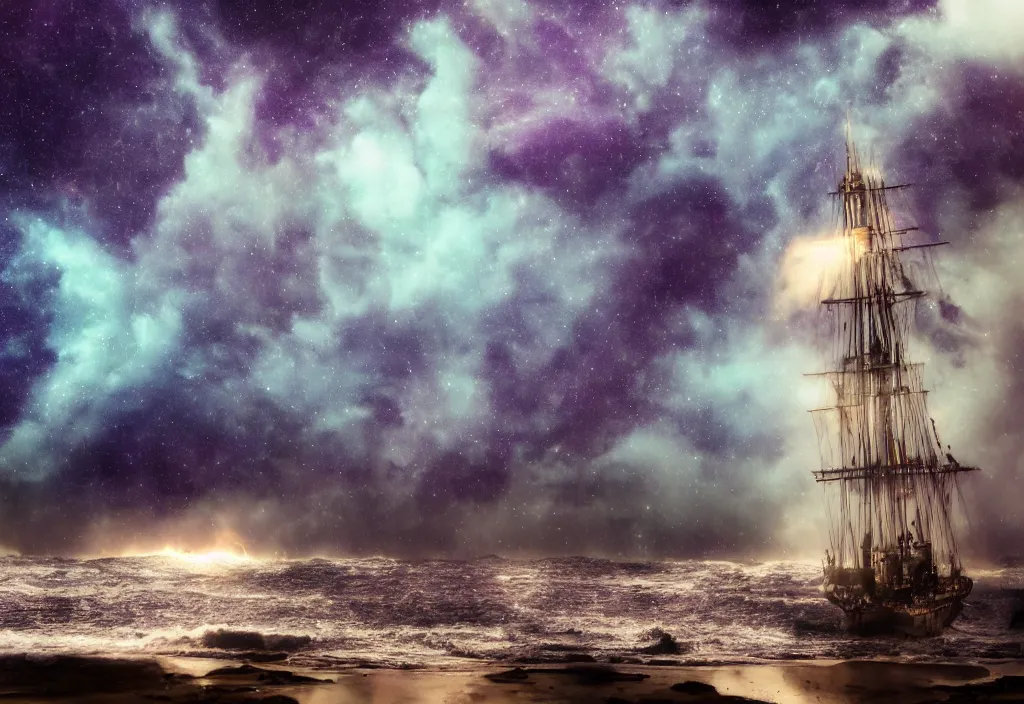 Image similar to purple color lighting storm with stormy sea, pirate ship firing its cannons real life trippy nebula sky 50mm shot