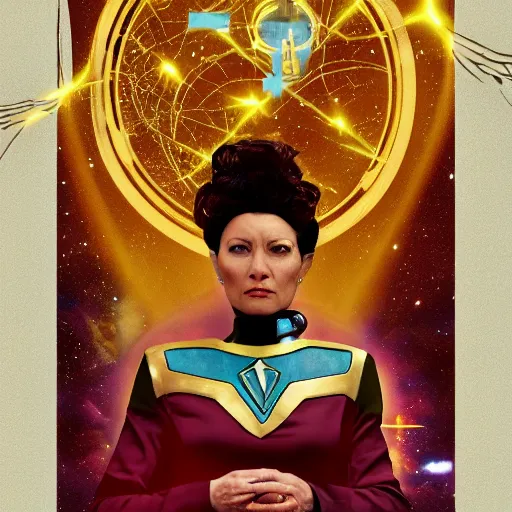 Prompt: The Empress tarot card in the style of Star Trek The next generation, hyperrealistic, highly detailed, depth of field, High definition, 8k, octane render, artstation