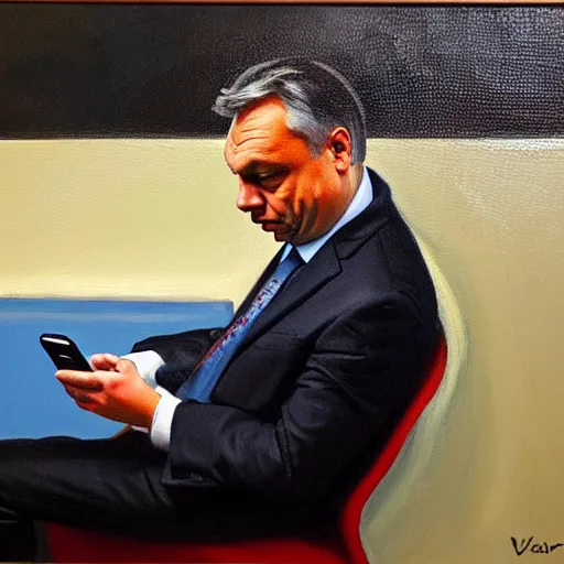 Prompt: viktor orban playing on his phone in a cubicle, oil painting