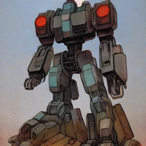 Image similar to mecha (((((((((((giant retro human shaped robot. Iron giant))))))))))) . muted colors. by Jean-Baptiste Monge !!!!!!!!!!!!!!!!!!!!!!!!!!!!!!!!!!!!!!!!