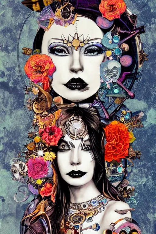 Prompt: Moon Goddess, contemporary, collage, minimalista style, digital painting, 4k, HDR, moon, skull, punk, steampunk, fashion, soft, vintage sharp focus, art by Sandra Chevrier, John Hoyland, teamLab