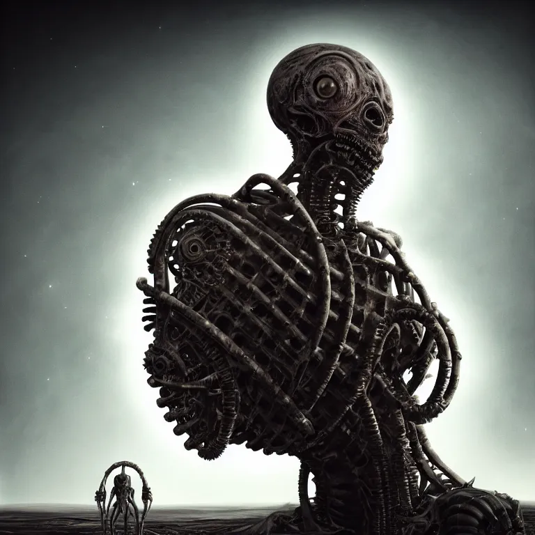 Image similar to portrait of ribbed abandoned biomechanical man with a spaceship on exoplanet in a desolate empty wasteland, creepy, nightmare, dream-like heavy atmosphere, surreal abandoned buildings, baroque painting, beautiful detailed intricate insanely detailed octane render trending on Artstation, 8K artistic photography, photorealistic, chiaroscuro, cinematic volumetric light, Raphael, Caravaggio, Beksinski, Giger