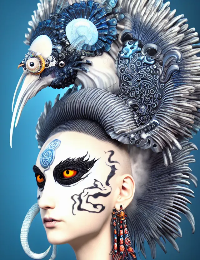 Image similar to 3 d goddess close - up profile portrait punk with mohawk with ram skull. beautiful intricately detailed japanese crow kitsune mask and clasical japanese kimono. betta fish, jellyfish phoenix, bio luminescent, plasma, ice, water, wind, creature, artwork by tooth wu and wlop and beeple and greg rutkowski