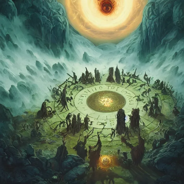 Image similar to a circle of druids conjuring the world into existence by greg rutkowski and frank frazetta and peter mohrbacher and william blake and dan mumford