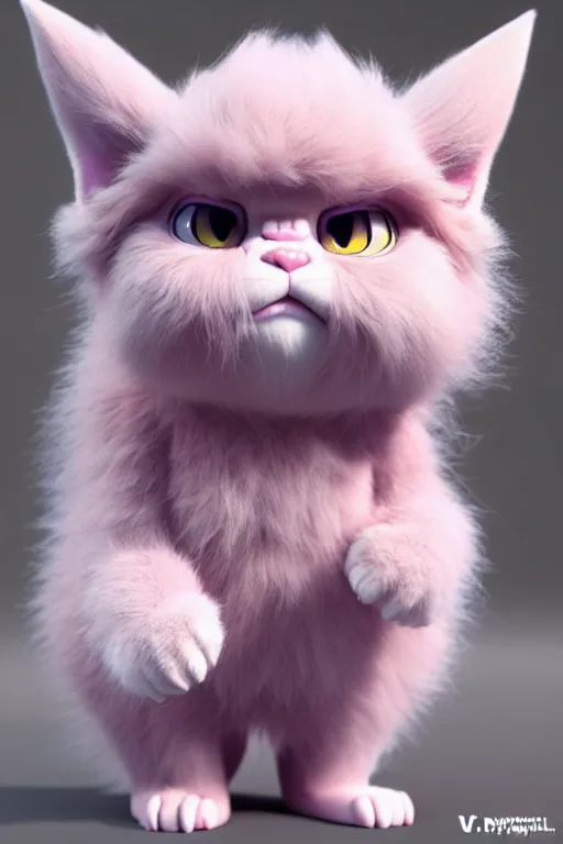 Image similar to high quality 3 d render hyperrealist very cute pastel fluffy! grumpy gargoyle cat hybrid, vray smooth, in the style of detective pikachu, hannah yata charlie immer, dramatic pink light, low angle, uhd 8 k, sharp focus