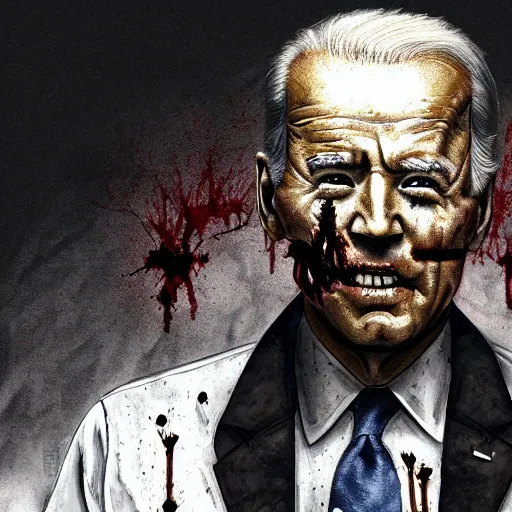 Image similar to joe biden as a rotting zombie, full body portrait, in a front of podeum, horror core, apocalyptic, feeling of grimdark, sharp focus, fiction, hyper detailed, digital art, trending in artstation, cinematic lighting, studio quality, smooth render, unreal engine 5 rendered, octane rendered, art style and nixeu and wlop and krenz cushart