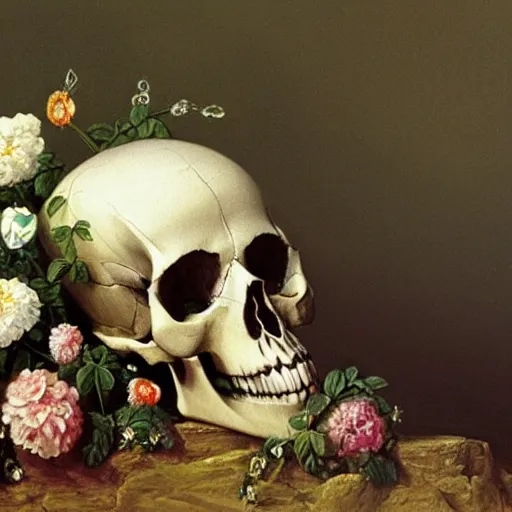 Prompt: a painting by Thomas Cole of a skull with flowers growing out, highly detailed 3d rendering from 1996