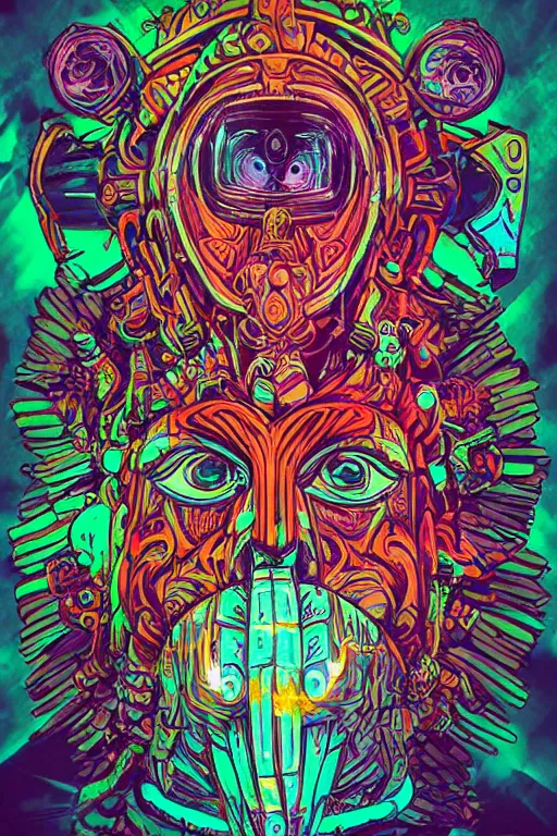 Image similar to totem animal tribal chaman vodoo mask feather gemstone plant wood rock video game illustration vivid color borderlands by josan gonzales and dan mumford radiating a glowing aura