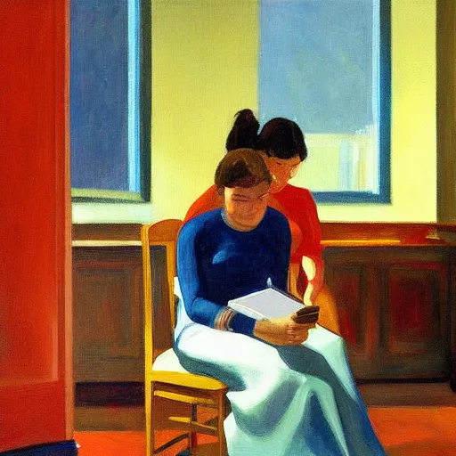 Image similar to a painting of a family sitting at home scrolling on their smartphones in the style of edward hopper