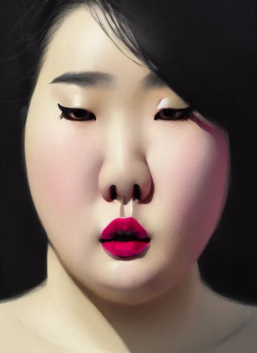 Image similar to portrait of a plump korean woman with a crooked nose and a confident expression, 1 9 6 0 s, black clothes, goth, punk, brightly coloured hair, funk, intricate, elegant, highly detailed, digital painting, artstation, concept art, smooth, sharp focus, illustration, art by wlop, mars ravelo and greg rutkowski