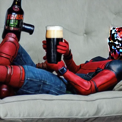 Prompt: Deadpool with Ted bear from Ted movie, chilling on the couch, drinking beers, 🍻, cheers!