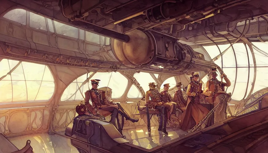 Prompt: airship interior bridge of warship, captain and bridge crew, french baroque, napoleonic, dieselpunk science fiction, steampunk, sharp, concept art watercolor illustration by mandy jurgens and alphonse mucha, dynamic lighting