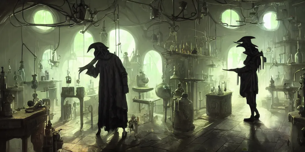 Prompt: a plague doctor and a humanoid rat in a laboratory with lots of flasks filled with magic liquids and green fog, stephen bliss, unreal engine, fantasy art by greg rutkowski, loish, rhads, ferdinand knab, ilya kuvshinov, rossdraws, tom bagshaw, global illumination, radiant soft light, detailed and intricate environment