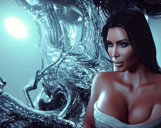 Image similar to film still of kim kardashian being fed by an xenomorph slathered in a transparent alien liquid, wet flowing hair, gooey skin, illustration, unreal engine 5, 8 k, directed by h. r. giger.