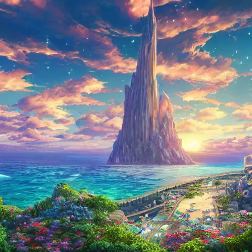 Image similar to the aesthetic view of the beautiful, grand, wistful, dreamy lonely island at dusk, hyperrealistic anime illustration by iralki nadar, colorful, extremely detailed, intricate linework, super sharp focus, bright colors, octopath traveler, studio ghibli, unreal engine 5 highly rendered, global illumination, radiant light, detailed and intricate environment