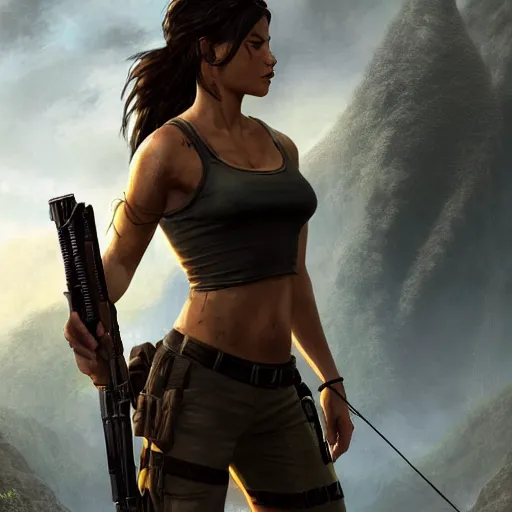 Prompt: lara croft, posing heroically, heavenly, full body close-up shot, elegant, realistic character concept, high fantasy, light atmosphere, golden ratio, cinematic lighting, hyperdetailed, high resolution, insanely detailed and intricate, artstation, Marc Simonetti, Greg Rutkowski, octane render, 8k