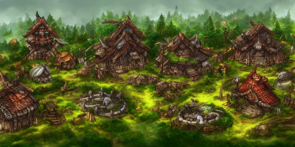 Image similar to Orc village in the middle of the forest. In style of Ragnarok Online, Korean MMORPG, epic, professional art, digital art, 8K, concept art.