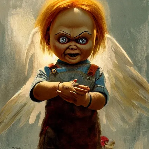 Image similar to the doll chucky as an angel described in the bible, oil painting, by greg rutkowski