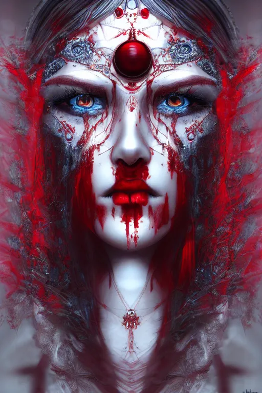 Prompt: portrait of the blood goddess, deep blue eyes, ocean waves in eyes, enigmatic beauty, dominant shades of crimson and red and black, 3 d render, digital art, oriental silver ornaments, artstation