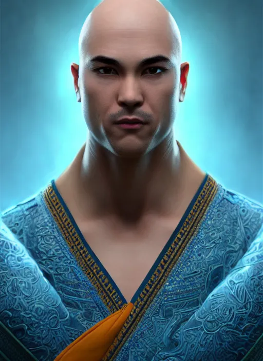 Image similar to bald male martial artist with a ponytail at the top of his head!!! asian facial features and blue eyes!! intricate ornate blue robes!! character concept art, sharp focus, octane render! unreal engine 5! highly rendered!! trending on artstation!! detailed linework!! illustration by artgerm, wlop, and chie yoshii