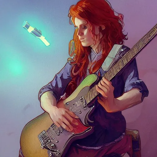 Image similar to a ginger hardrocker cat playing electric guitar, cinematic lighting, highly detailed, digital painting, artstation, concept art, smooth, sharp focus, illustration, art by Terry Moore and Greg Rutkowski and Alphonse Mucha