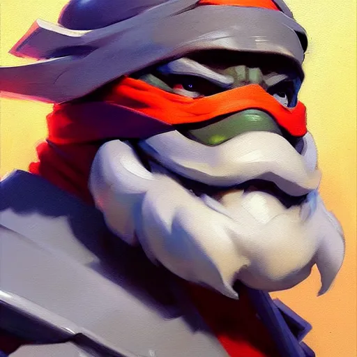 Image similar to Greg Manchess portrait painting of Michelangelo of TMNT as Overwatch character, medium shot, asymmetrical, profile picture, Organic Painting, sunny day, Matte Painting, bold shapes, hard edges, street art, trending on artstation, by Huang Guangjian and Gil Elvgren and Sachin Teng