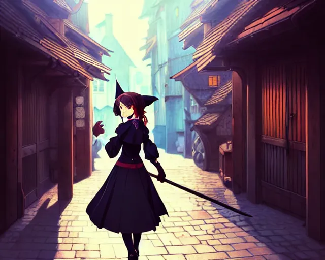 Prompt: ilya kuvshinov, moody, key anime visual portrait of a young female witch walking through a busy medieval village, dynamic pose, dynamic perspective, cinematic, dramatic lighting, muted colors, detailed silhouette, textured, anime proportions, alphonse mucha, perfect anime face,, yoh yoshinari, takashi murakami